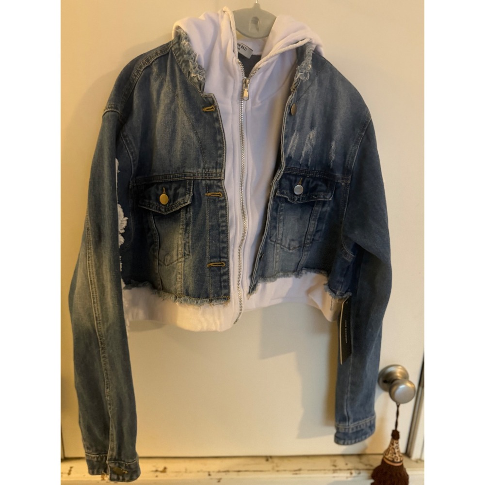 American Bazi Women Cropped Hoodie Denim Jacket Fashion Tour Blue White - Picture 5 of 13